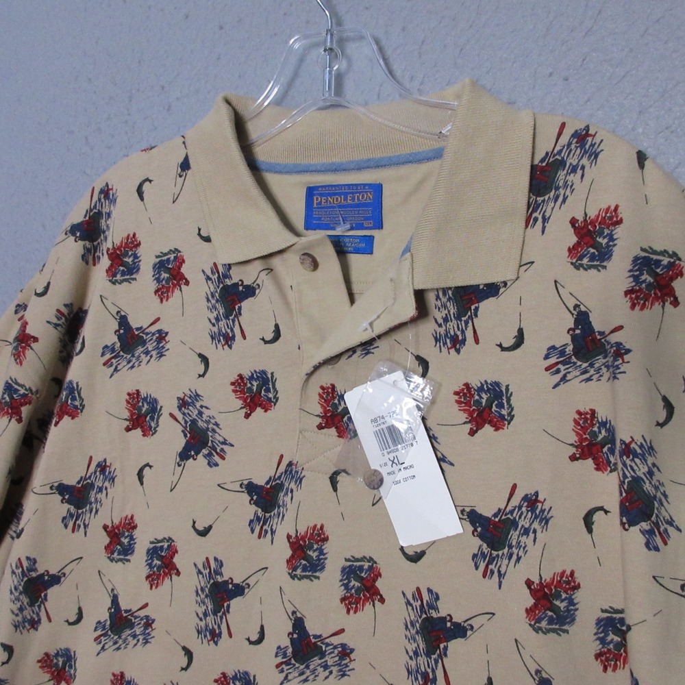 Vintage Pendleton Polo‎ Shirt Men XL Fishing All Over Print Cotton Novelty NWT